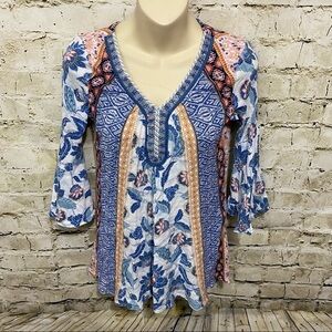 GNW Blue Floral V Neck Bell Sleeve Top